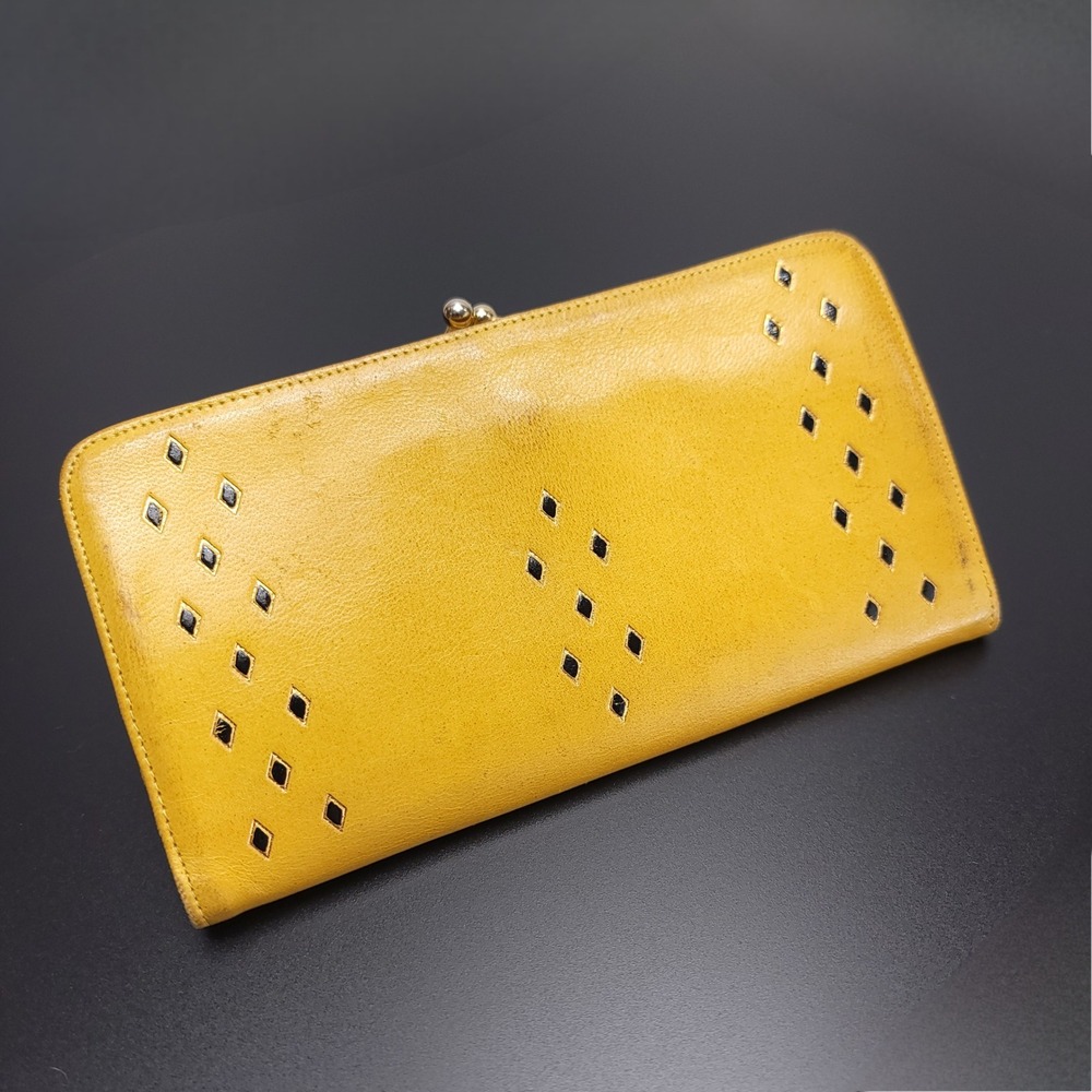 Hutzlers Vintage Italian Yellow Leather‎ Wallet Diamond Accent Kisslock Trifold